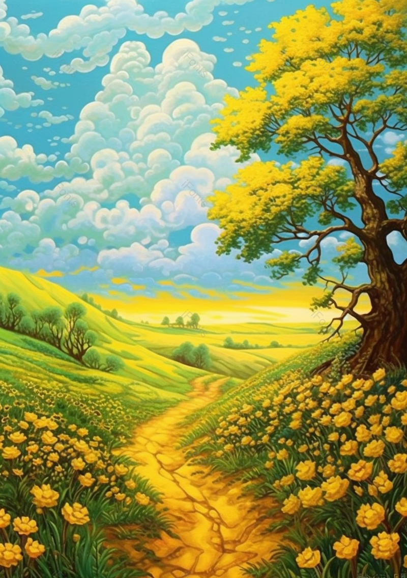 多云的黄昏春天大自然春分花丛黄花草地漫山遍野田园风景,插画/手绘图,插画/手绘图库,插画/手绘图下载,插画/手绘